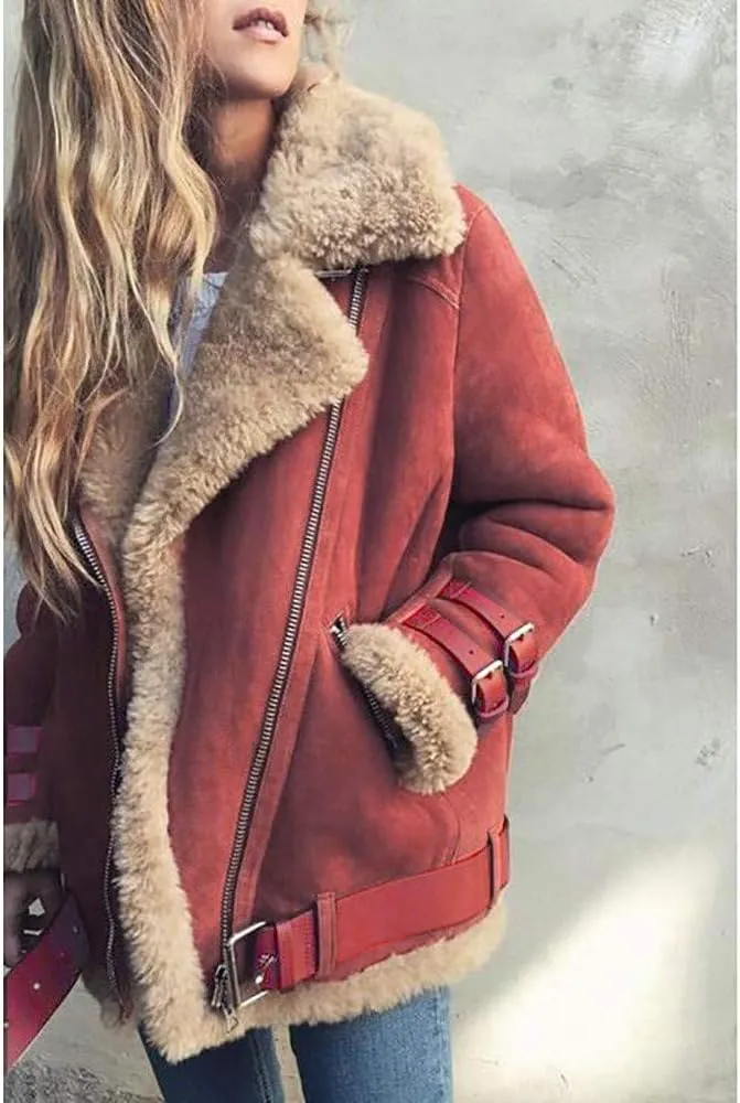 2023 Women's Winter Coats Plus Size Fleece Warm Jackets Trendy Cropped Fuzzy Soft Outerwear Stylish Motor Biker Windbreaker