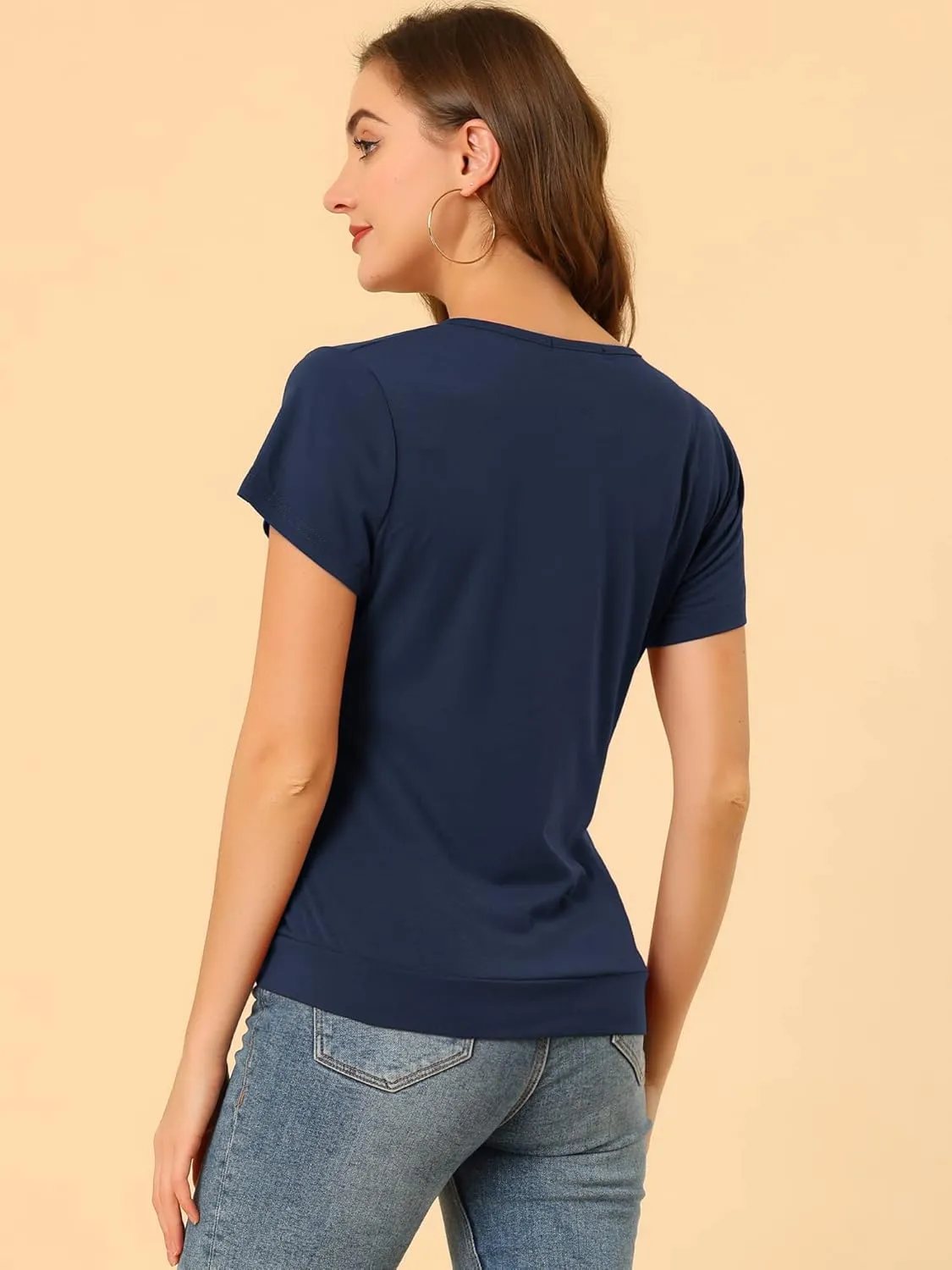 Allegra K Women's V Neck Wrap Top Short Sleeve Button Decor Ruched Top