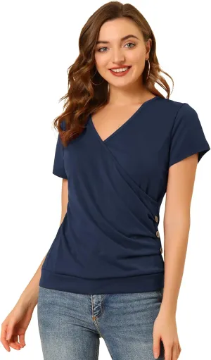 Allegra K Women's V Neck Wrap Top Short Sleeve Button Decor Ruched Top