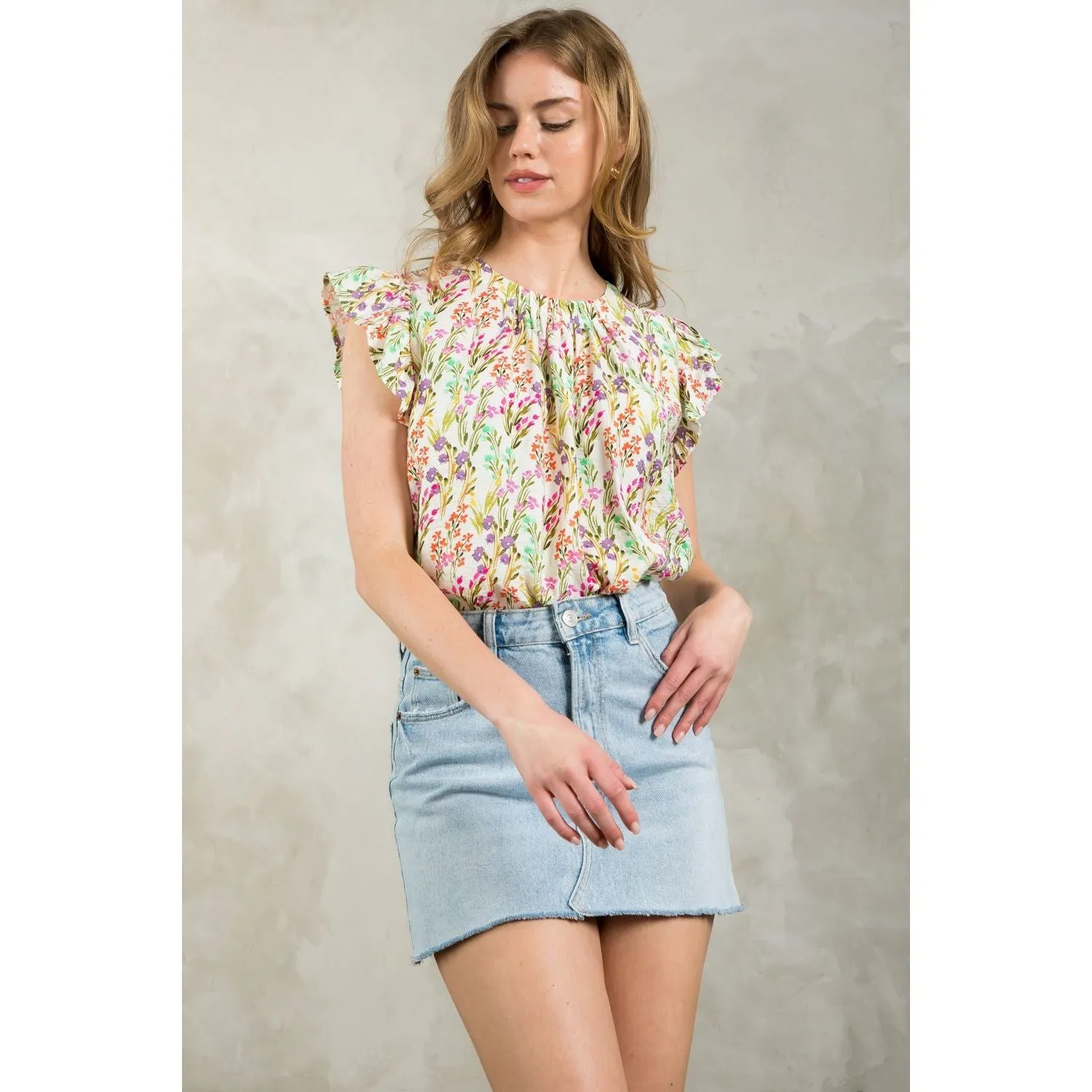Annalise Flutter Sleeve Floral THML Top-SALE