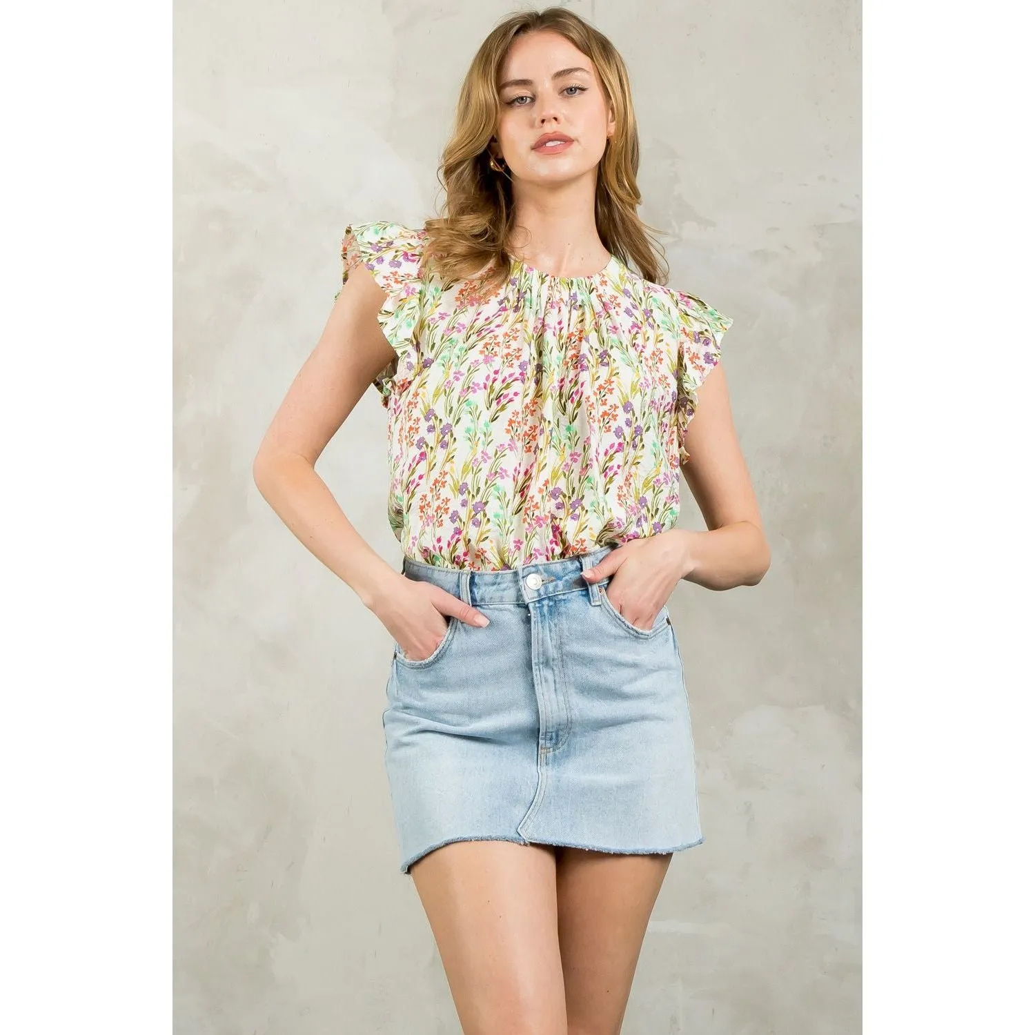 Annalise Flutter Sleeve Floral THML Top-SALE