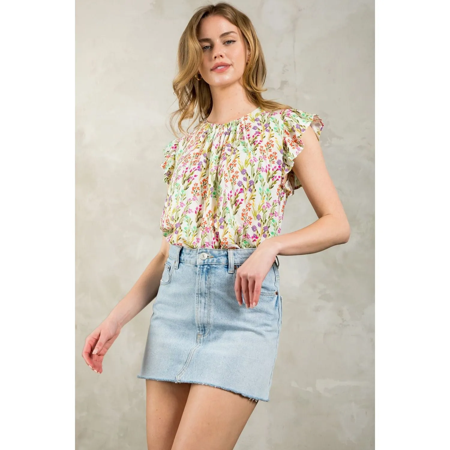 Annalise Flutter Sleeve Floral THML Top-SALE