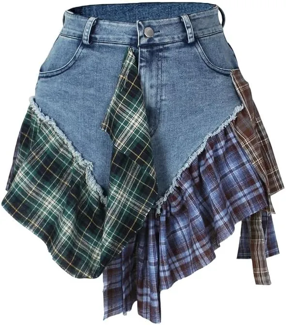BAIMORE Women's Summer Irregular Plaid Hem Patchwork Denim Mini Skirt A-Line Button Casual