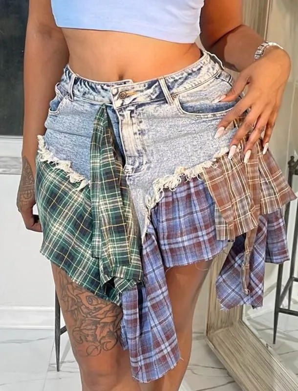 BAIMORE Women's Summer Irregular Plaid Hem Patchwork Denim Mini Skirt A-Line Button Casual