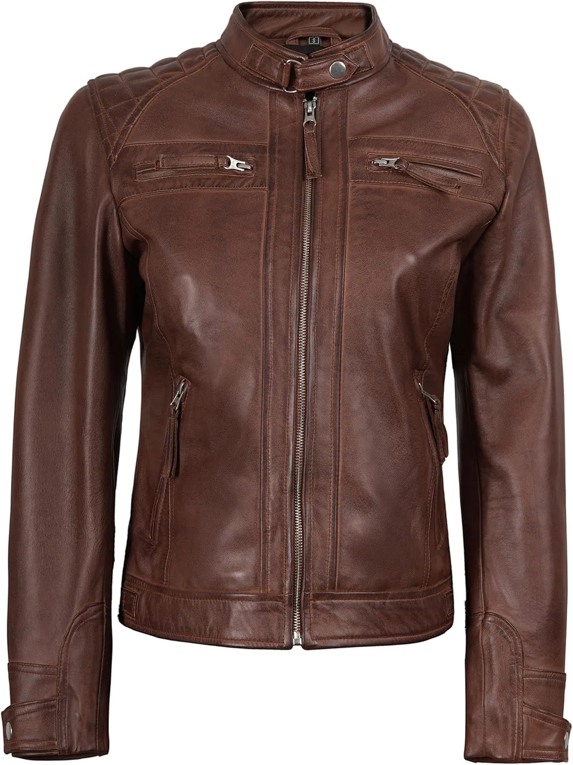 Blingsoul Leather Jacket Women - Quilted Cafe Racer Style Womens Leather Jackets