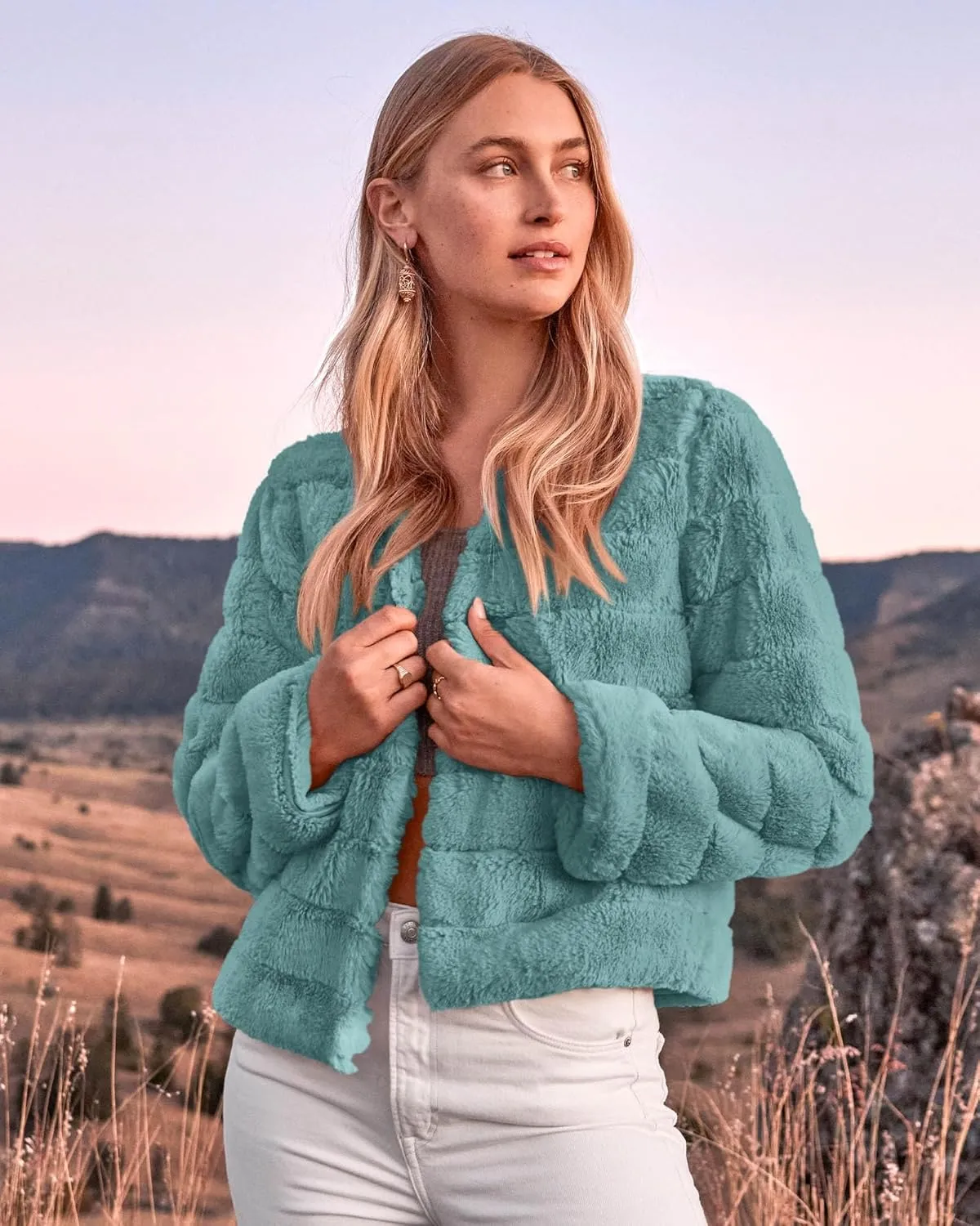 BTFBM Womens Faux Fur Cropped Jacket Fall Winter Fashion 2025 Soft Long Sleeve Open Front Fluffy Short Coat Outerwear