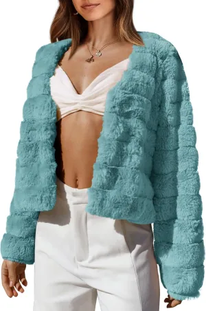 BTFBM Womens Faux Fur Cropped Jacket Fall Winter Fashion 2025 Soft Long Sleeve Open Front Fluffy Short Coat Outerwear