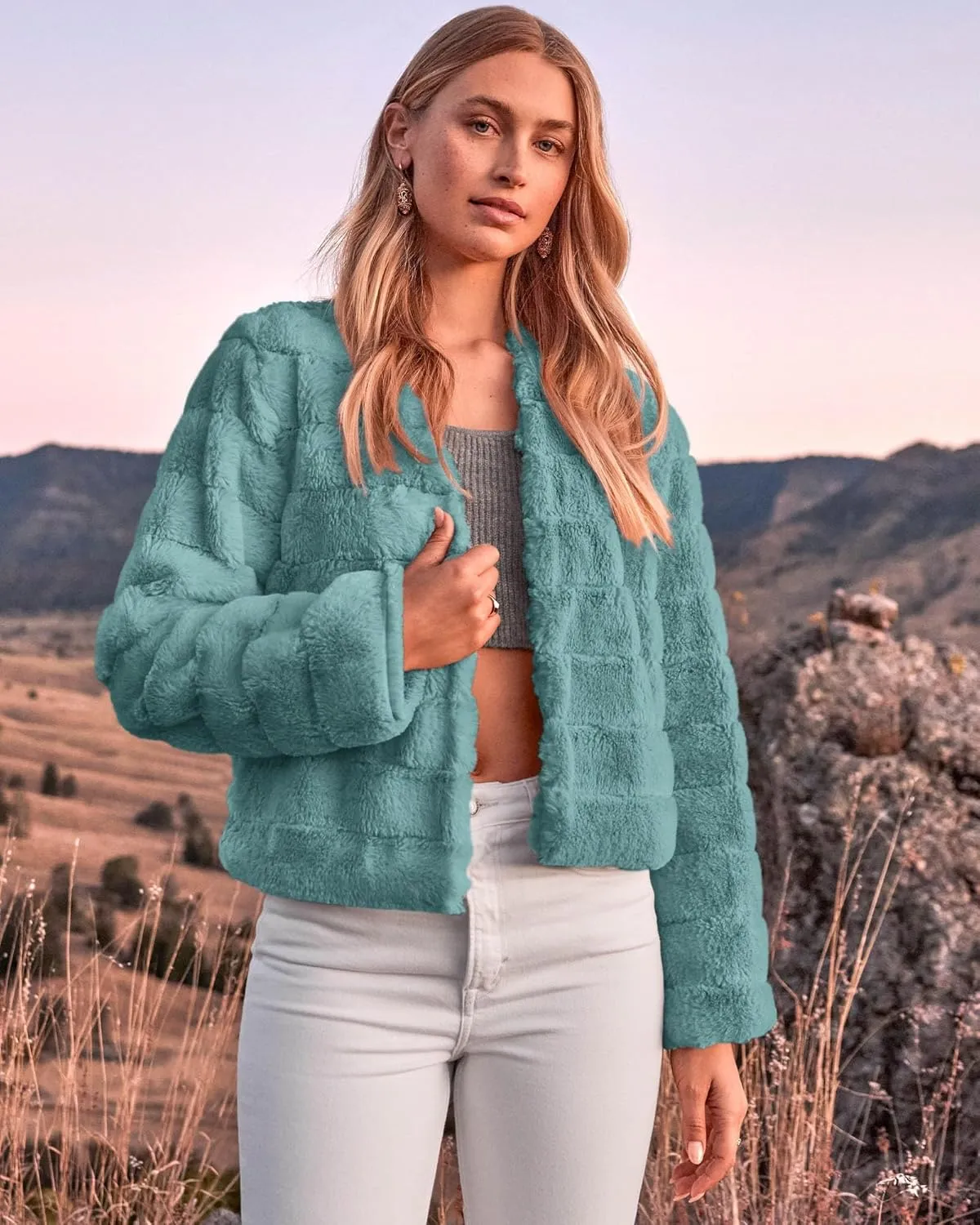 BTFBM Womens Faux Fur Cropped Jacket Fall Winter Fashion 2025 Soft Long Sleeve Open Front Fluffy Short Coat Outerwear