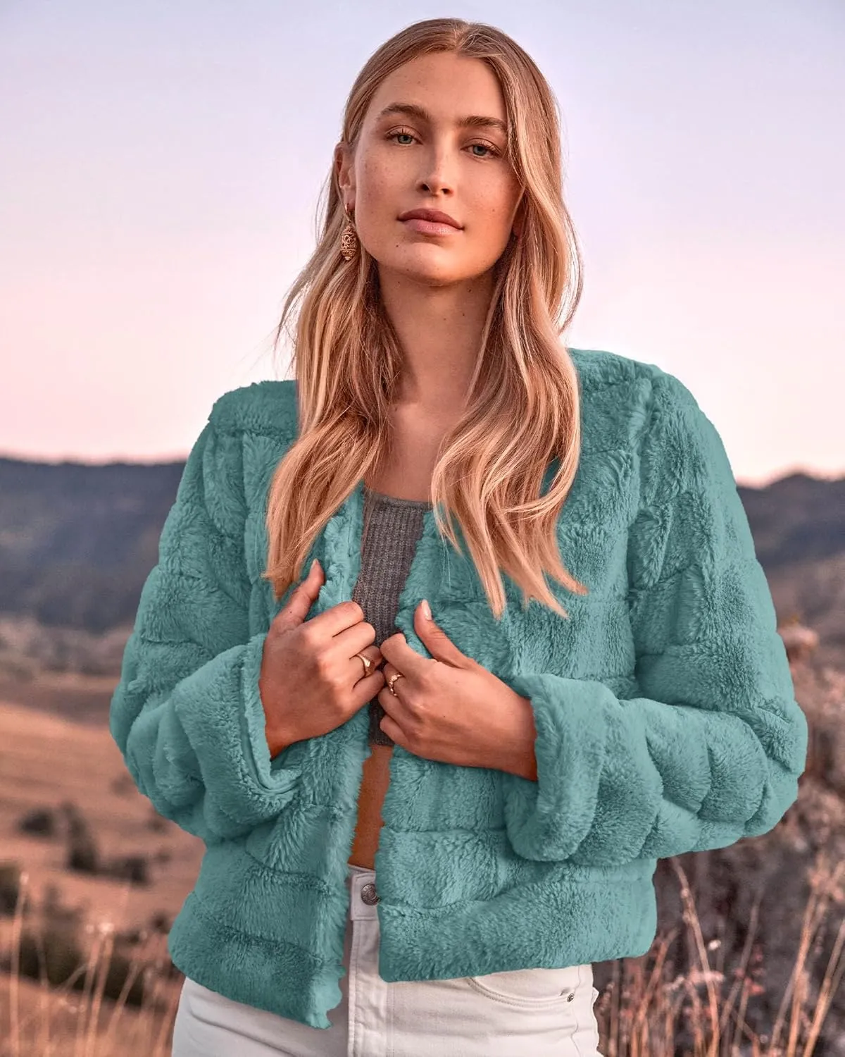 BTFBM Womens Faux Fur Cropped Jacket Fall Winter Fashion 2025 Soft Long Sleeve Open Front Fluffy Short Coat Outerwear