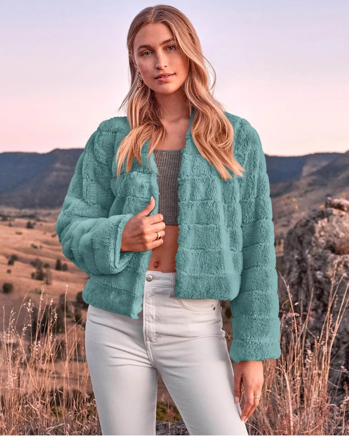 BTFBM Womens Faux Fur Cropped Jacket Fall Winter Fashion 2025 Soft Long Sleeve Open Front Fluffy Short Coat Outerwear