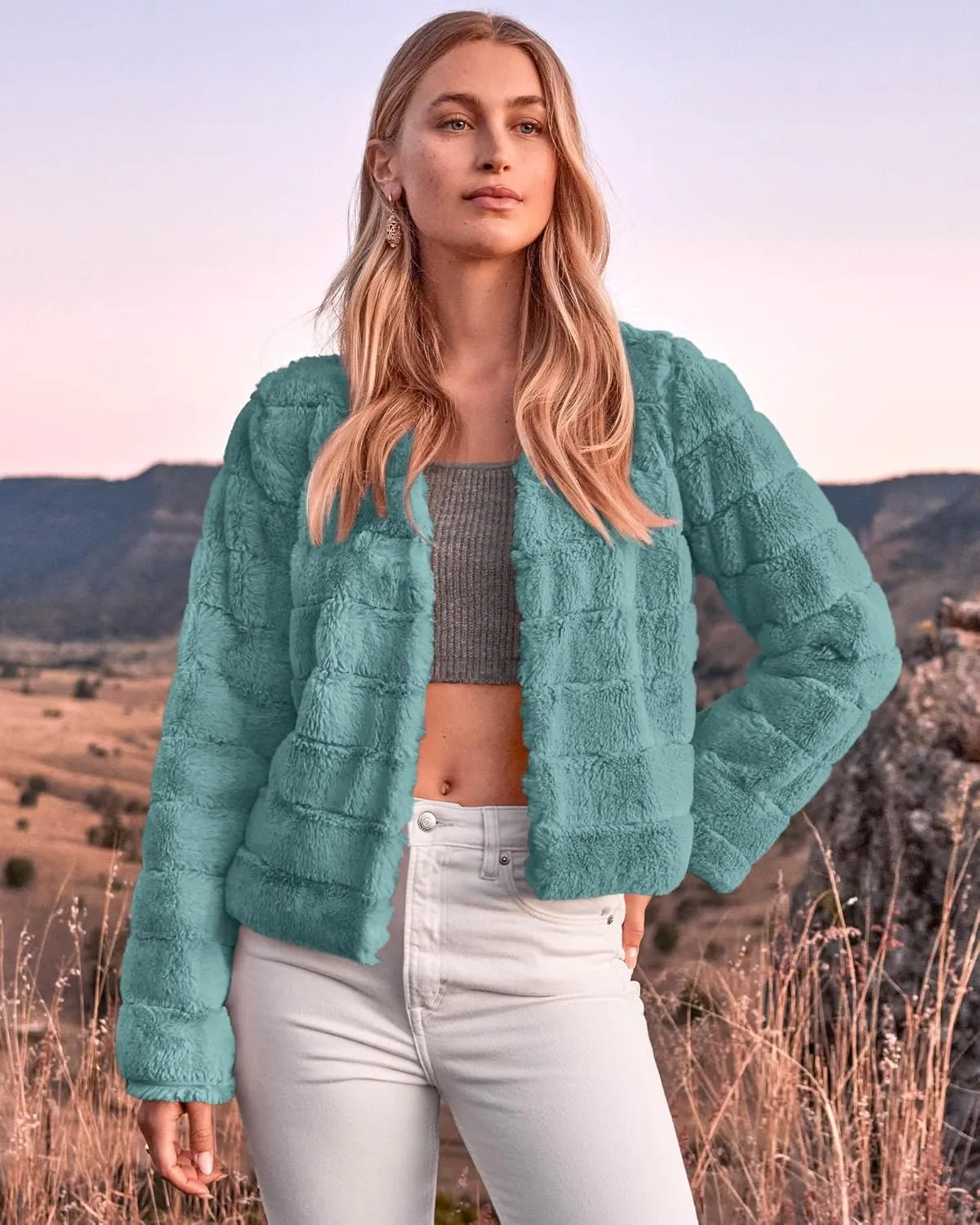 BTFBM Womens Faux Fur Cropped Jacket Fall Winter Fashion 2025 Soft Long Sleeve Open Front Fluffy Short Coat Outerwear