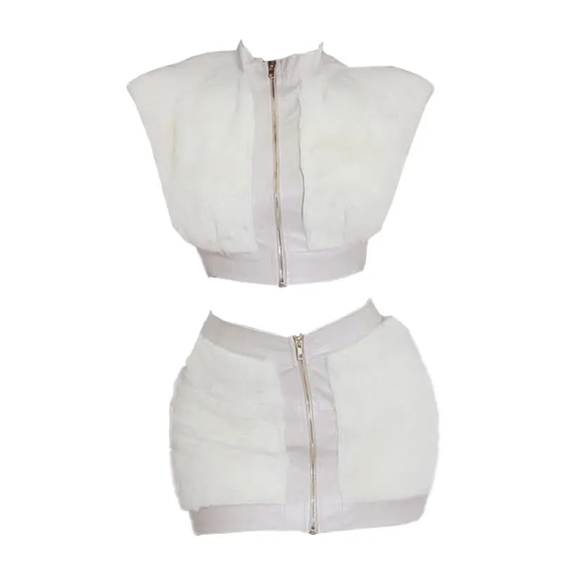 Cap sleeve fluffy PU leather patchwork zip-up mini skirt set