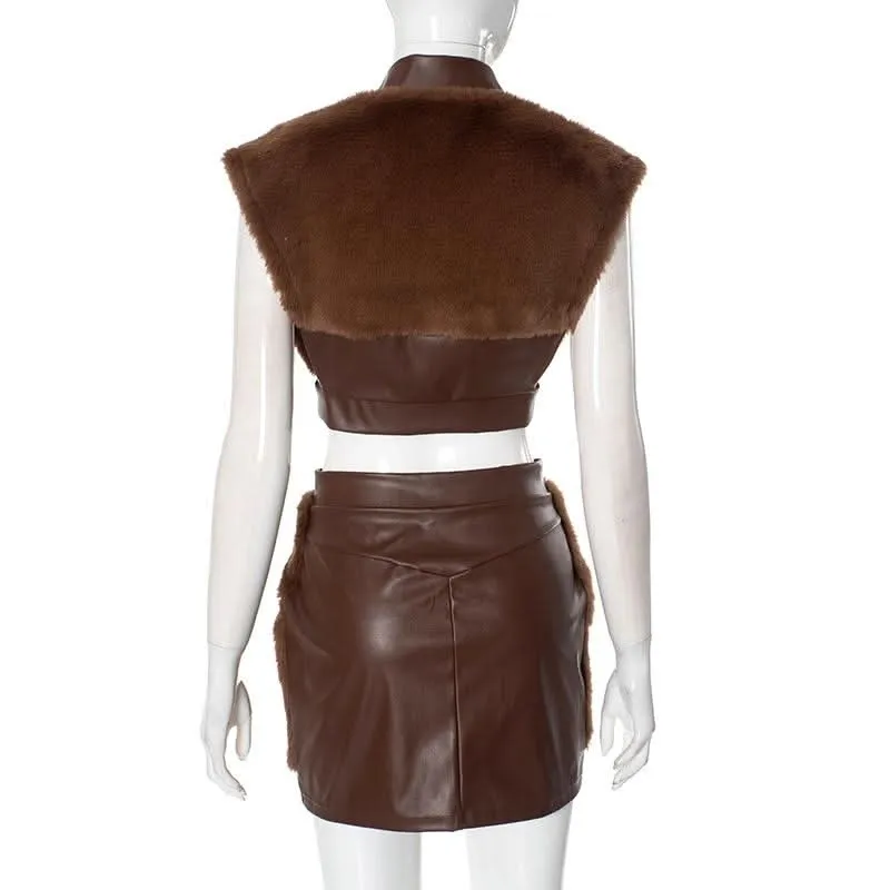 Cap sleeve fluffy PU leather patchwork zip-up mini skirt set