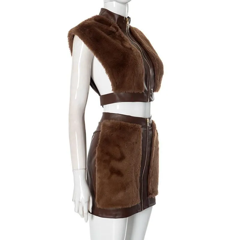 Cap sleeve fluffy PU leather patchwork zip-up mini skirt set