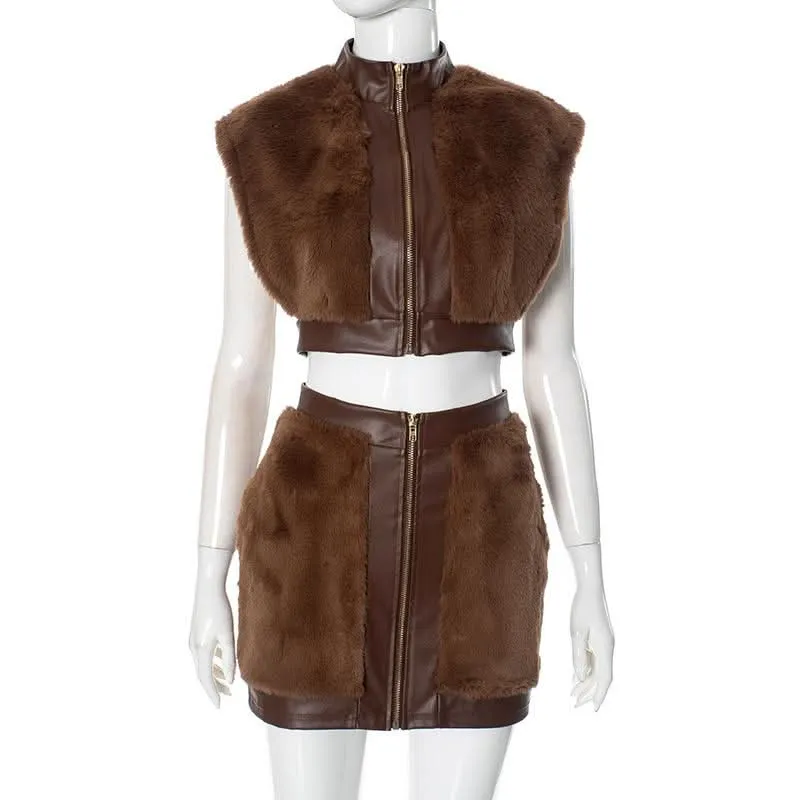 Cap sleeve fluffy PU leather patchwork zip-up mini skirt set
