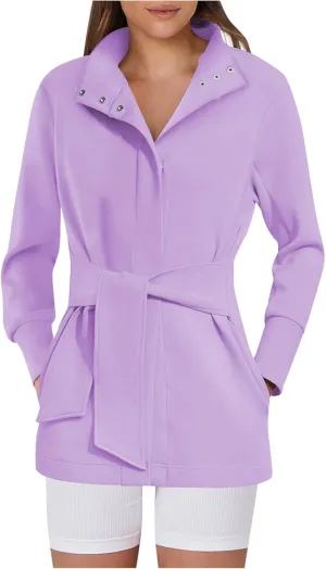 Casual Jackets for Women Long Sleeve Belted Cropped Jacket 2024 Fall Trendy Wrap Trench Coat Snap Button Outerwear