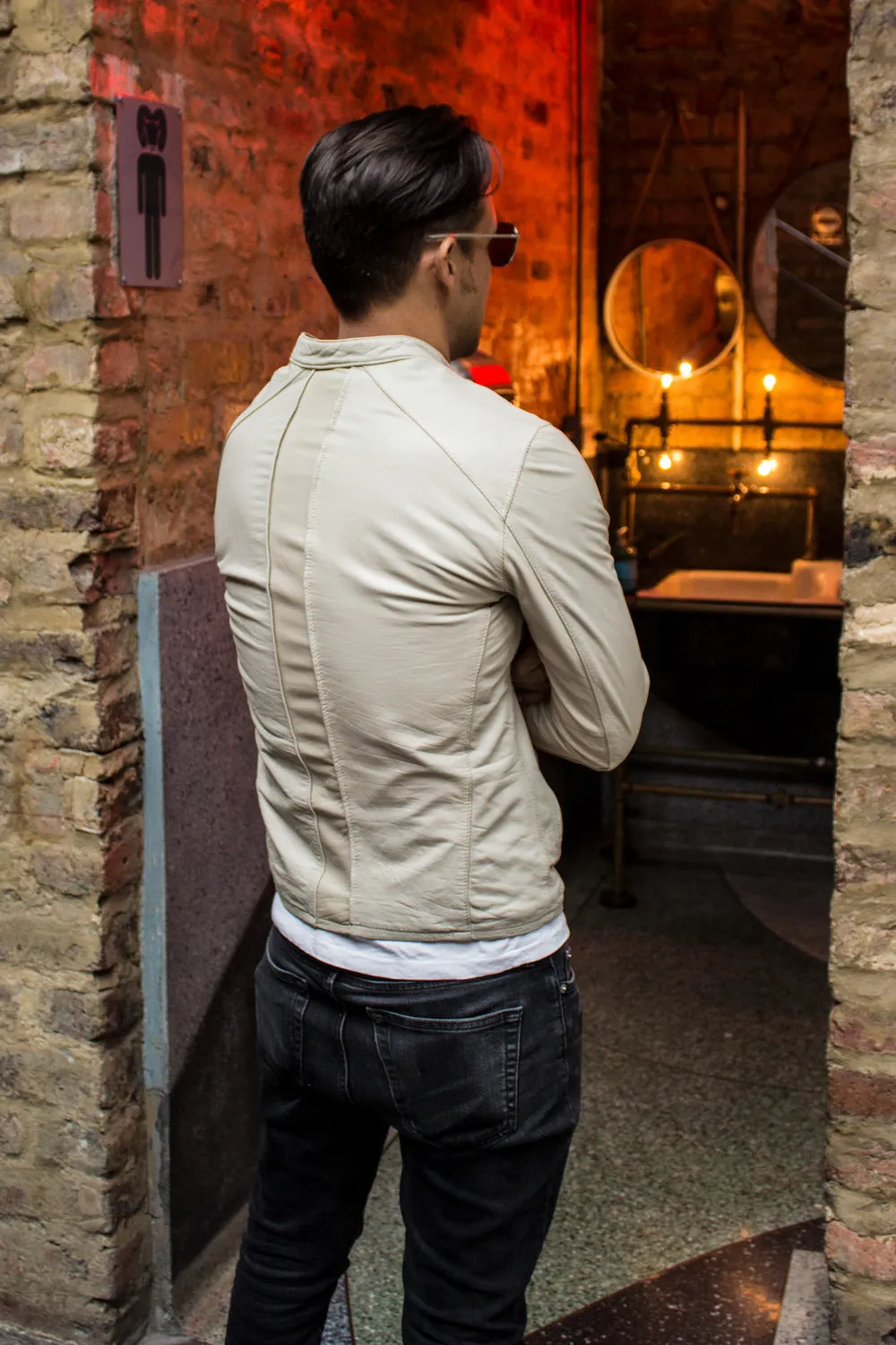 D20 Leather Jacket  - lightweight Sport Cafe Racer Style in Beige