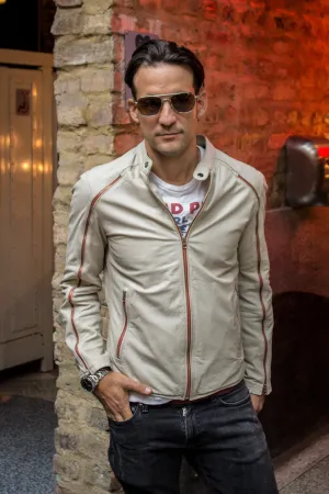 D20 Leather Jacket  - lightweight Sport Cafe Racer Style in Beige