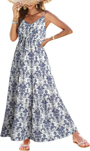 Dokotoo Summer Dress Casual Womens Boho Dress Sleeveless Printed Long Tiered Maxi Dress Beach Dress 2025