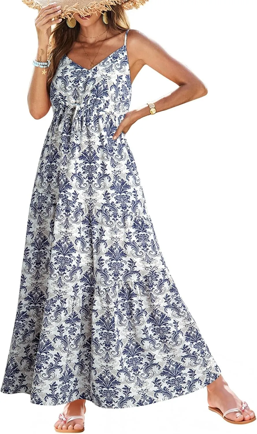 Dokotoo Summer Dress Casual Womens Boho Dress Sleeveless Printed Long Tiered Maxi Dress Beach Dress 2025