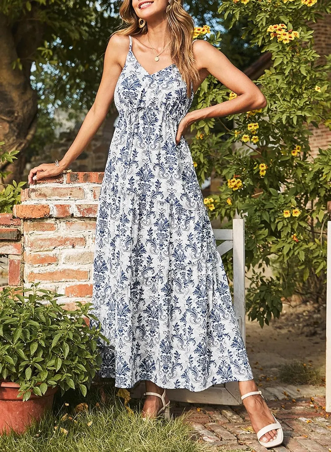 Dokotoo Summer Dress Casual Womens Boho Dress Sleeveless Printed Long Tiered Maxi Dress Beach Dress 2025