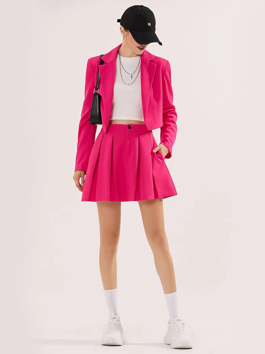 EXLURA Women's Business Casual Blazer Suit Sets and Pleated Mini Skirt 2 Piece Outfits Trendy Long Sleeve Y2K Clothes 2025