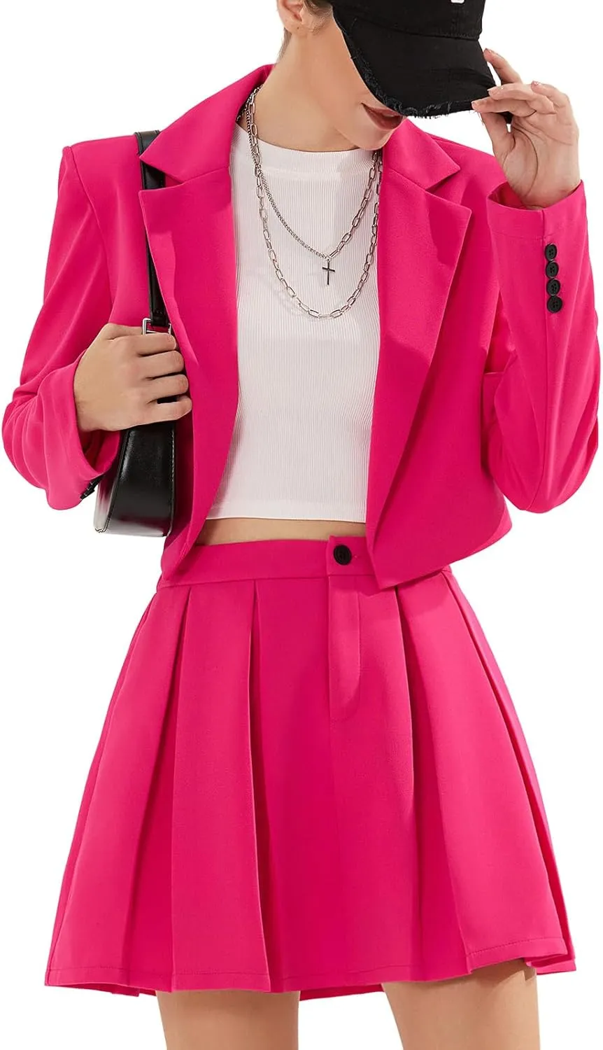 EXLURA Women's Business Casual Blazer Suit Sets and Pleated Mini Skirt 2 Piece Outfits Trendy Long Sleeve Y2K Clothes 2025