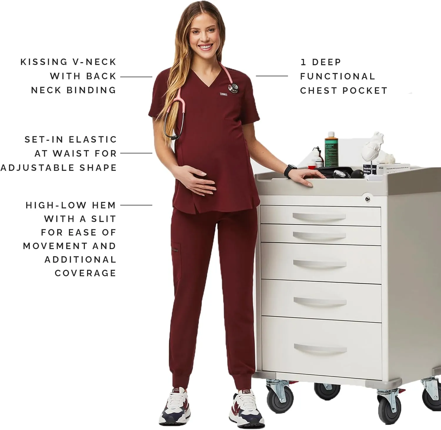 FIGS Octavia Maternity Scrub Top for Women  V-Neck, One Pocket, Curved High-Low Hem, 4-Way Stretch Women's Scrub Top
