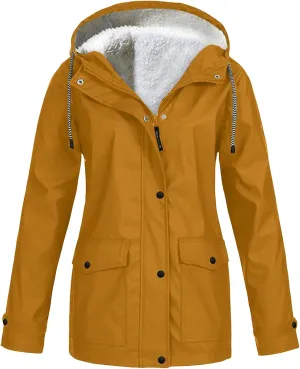 Fleece Lined Raincoat for Women Waterproof Lightweight Zip Up Hooded Jacket Winter Rain Jackets Outdoor Windbreaker