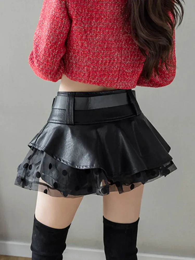 Flytonn Emo Alt Gothic Pu Skirt Women Streetwear Harajuku Grunge Mesh Patchwork with Belt Mini Skirt Nightclub Sexy Rave Outfits