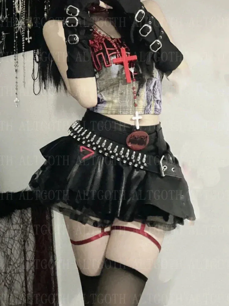 Flytonn Emo Alt Gothic Pu Skirt Women Streetwear Harajuku Grunge Mesh Patchwork with Belt Mini Skirt Nightclub Sexy Rave Outfits