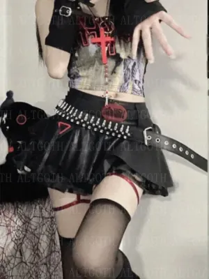 Flytonn Emo Alt Gothic Pu Skirt Women Streetwear Harajuku Grunge Mesh Patchwork with Belt Mini Skirt Nightclub Sexy Rave Outfits