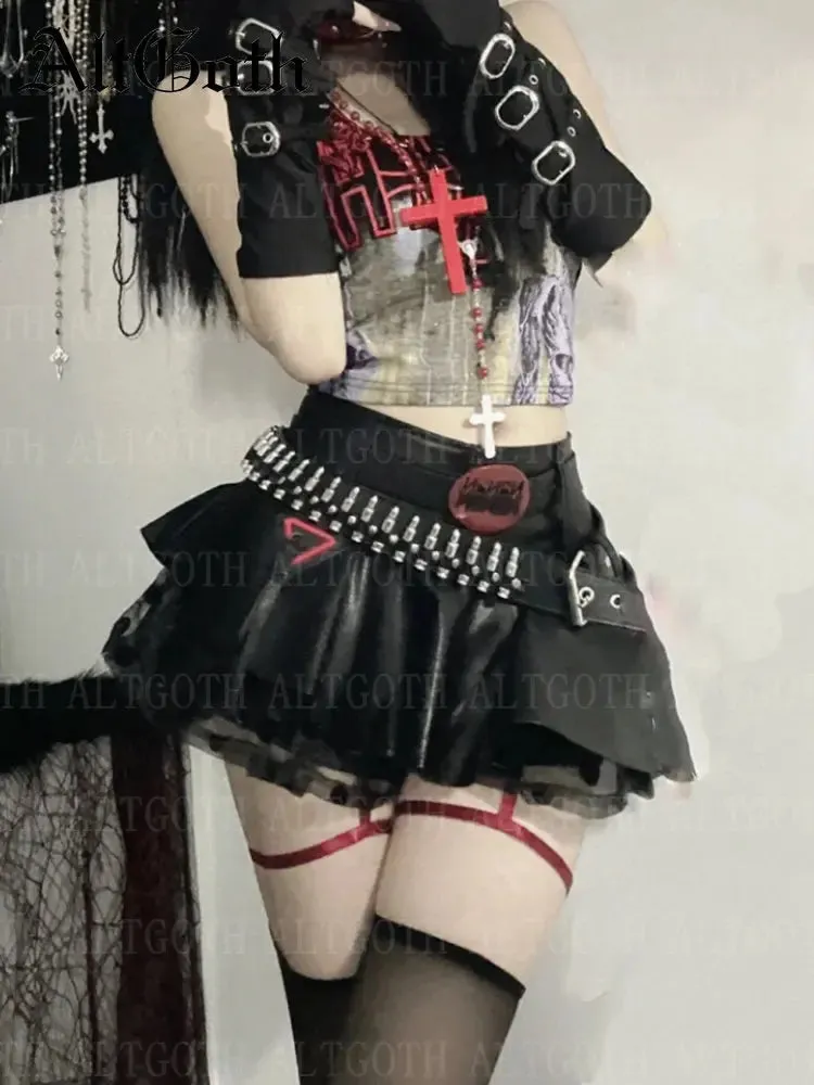 Flytonn Emo Alt Gothic Pu Skirt Women Streetwear Harajuku Grunge Mesh Patchwork with Belt Mini Skirt Nightclub Sexy Rave Outfits