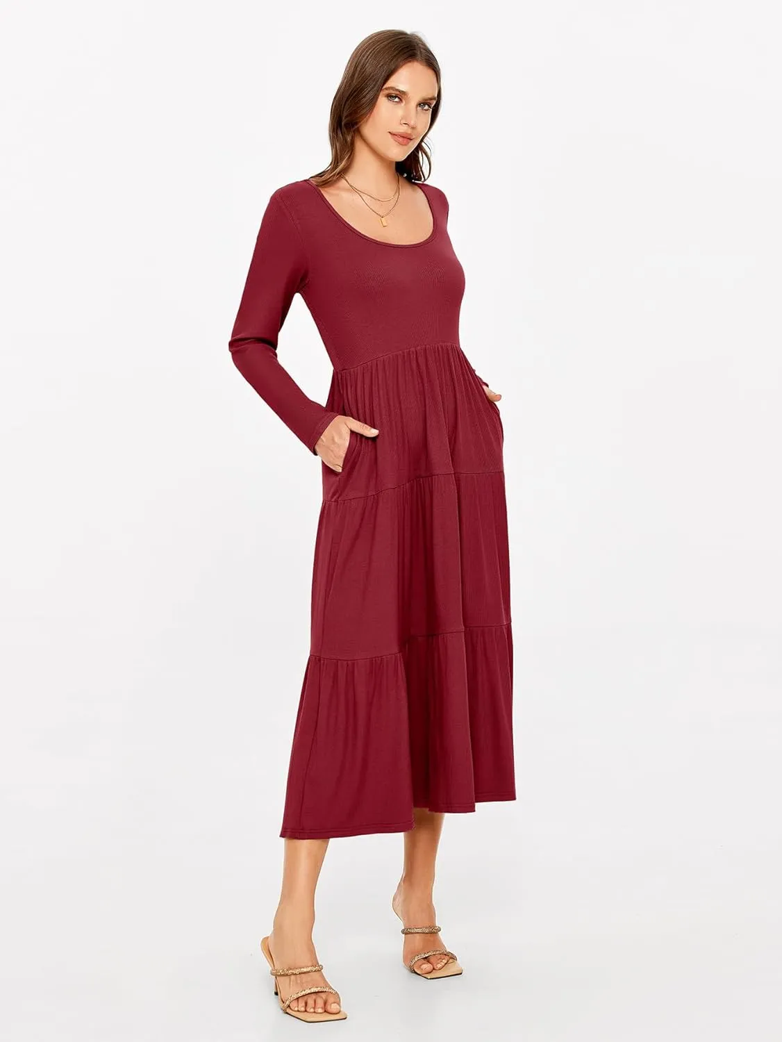 Glamaker Women's Long Sleeve Fall Dress Casual Swing Maxi Dress Tiered Midi Dress with Pockets 2024