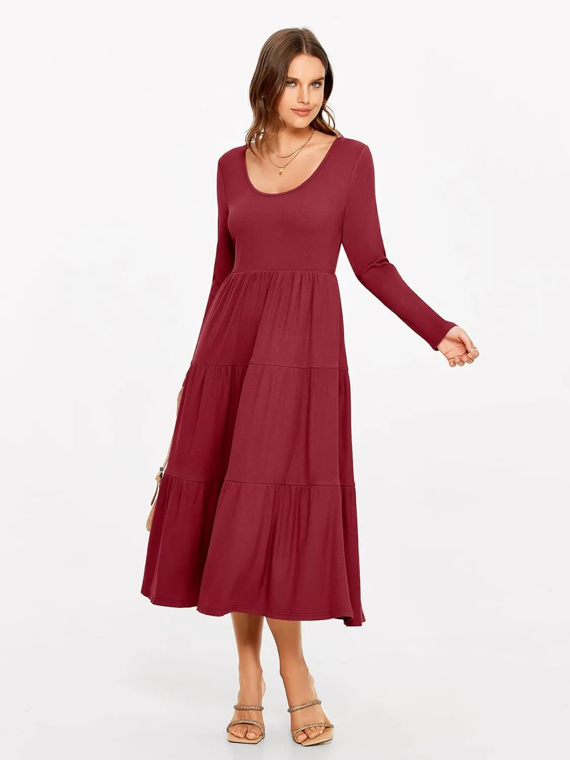 Glamaker Women's Long Sleeve Fall Dress Casual Swing Maxi Dress Tiered Midi Dress with Pockets 2024