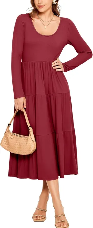 Glamaker Women's Long Sleeve Fall Dress Casual Swing Maxi Dress Tiered Midi Dress with Pockets 2024