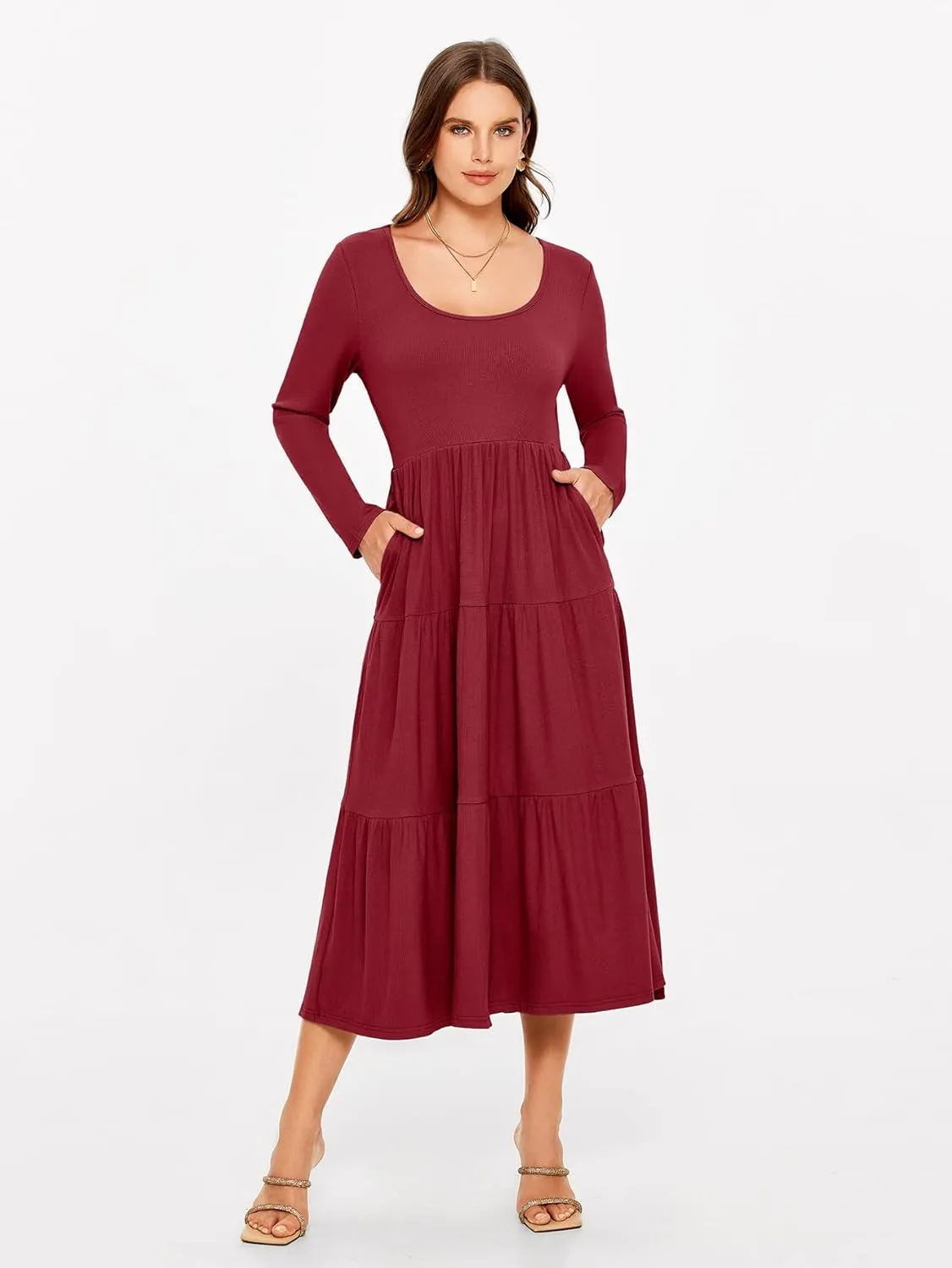 Glamaker Women's Long Sleeve Fall Dress Casual Swing Maxi Dress Tiered Midi Dress with Pockets 2024