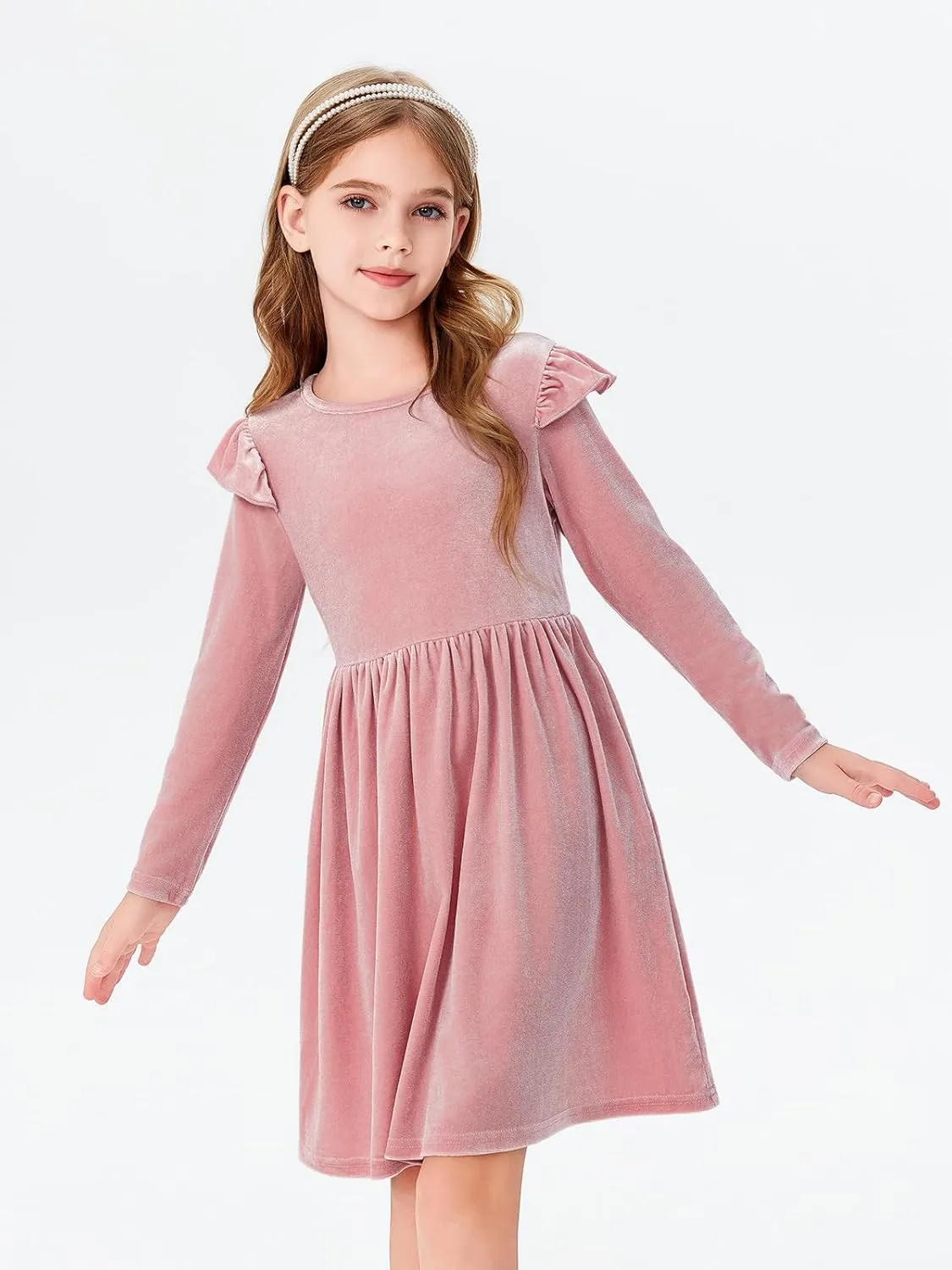 Haloumoning Girls Velvet Dress Ruffled Long Sleeve Casual Spring Fall Dress Princess Christmas Party Dress Winter Outfits