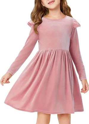 Haloumoning Girls Velvet Dress Ruffled Long Sleeve Casual Spring Fall Dress Princess Christmas Party Dress Winter Outfits