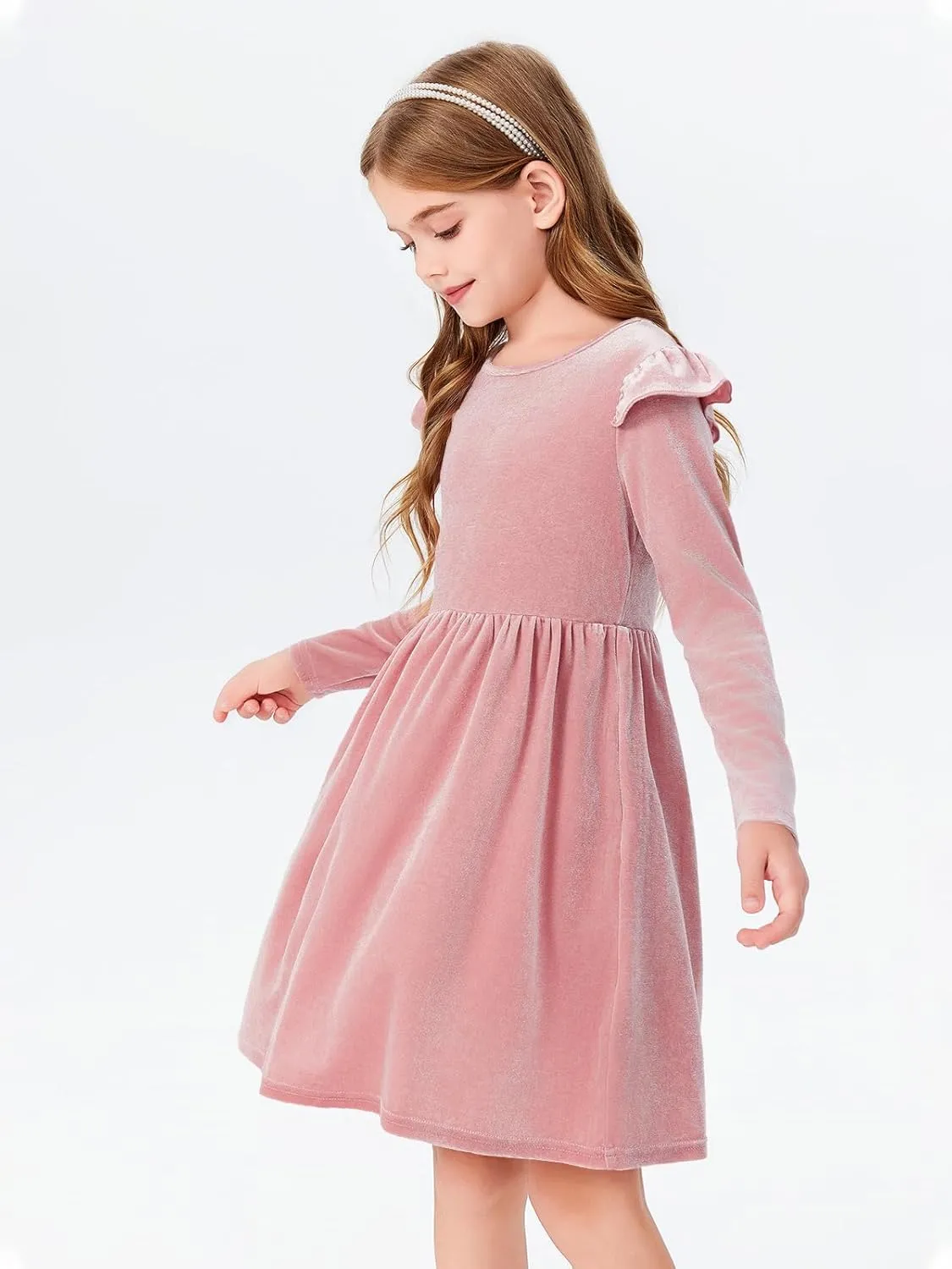 Haloumoning Girls Velvet Dress Ruffled Long Sleeve Casual Spring Fall Dress Princess Christmas Party Dress Winter Outfits