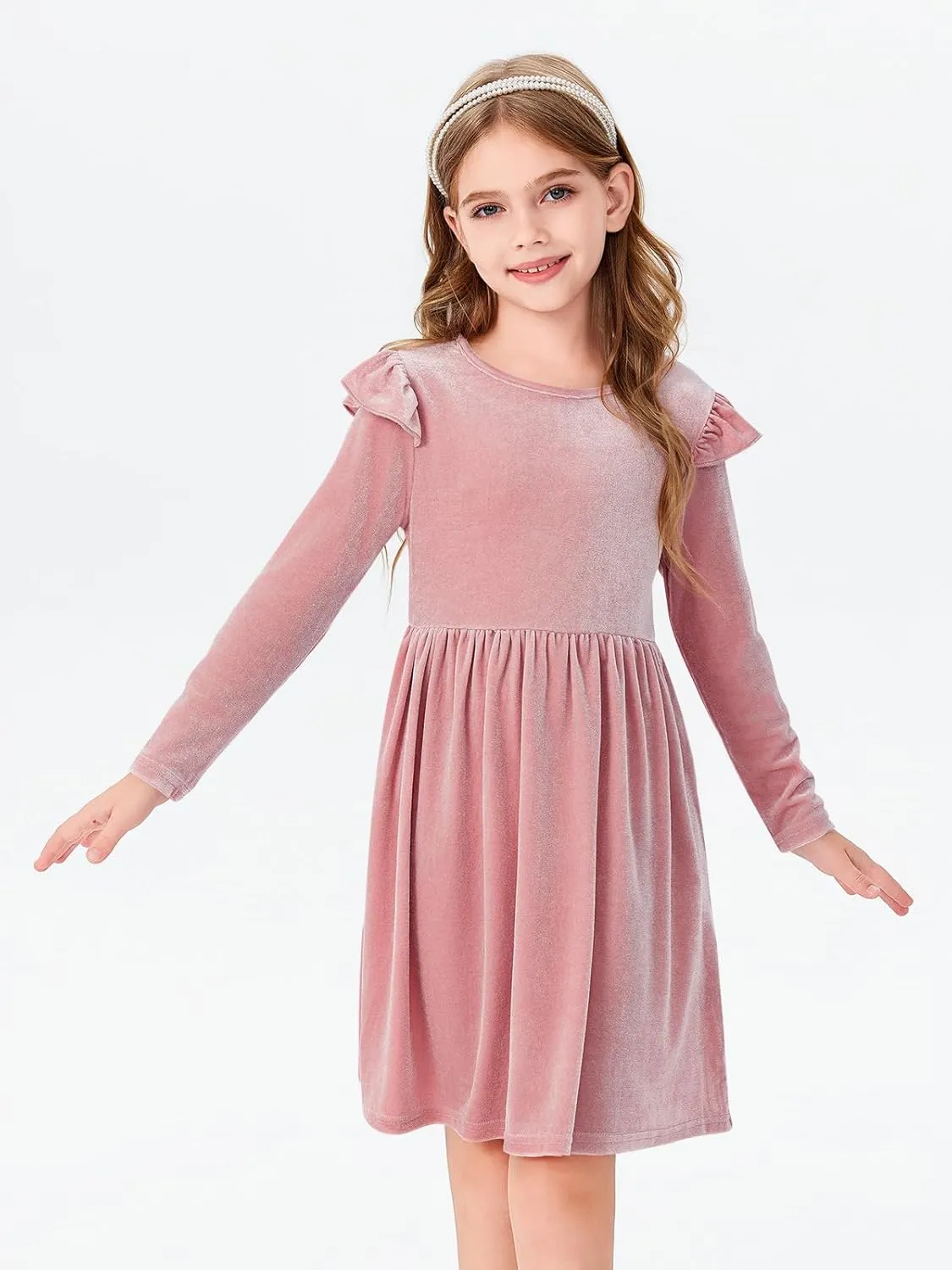 Haloumoning Girls Velvet Dress Ruffled Long Sleeve Casual Spring Fall Dress Princess Christmas Party Dress Winter Outfits