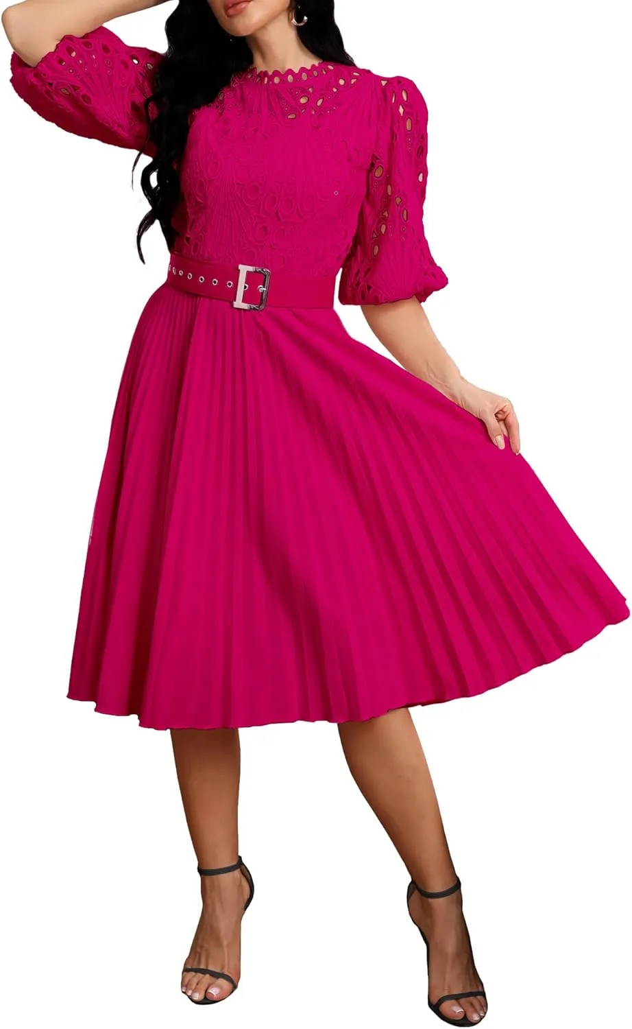 IWFEV Lace Pleated Dress Puff Sleeve Mid-Calf Short Sleeve Midi Dress Hollow Party Evening Dress