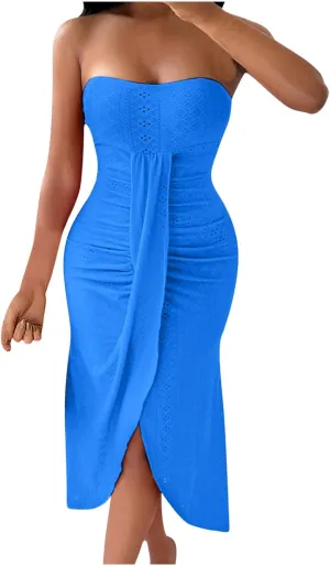JOAU Womens Summer Tube Top Midi Dress 2024 Strapless Hollow Out Bodycon Eyelet Dresses Ruched Front Slit Vacation Outfits