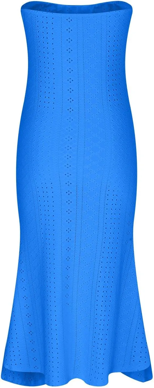 JOAU Womens Summer Tube Top Midi Dress 2024 Strapless Hollow Out Bodycon Eyelet Dresses Ruched Front Slit Vacation Outfits