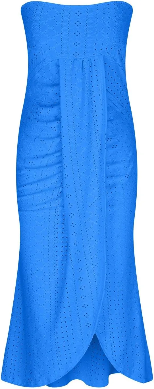 JOAU Womens Summer Tube Top Midi Dress 2024 Strapless Hollow Out Bodycon Eyelet Dresses Ruched Front Slit Vacation Outfits