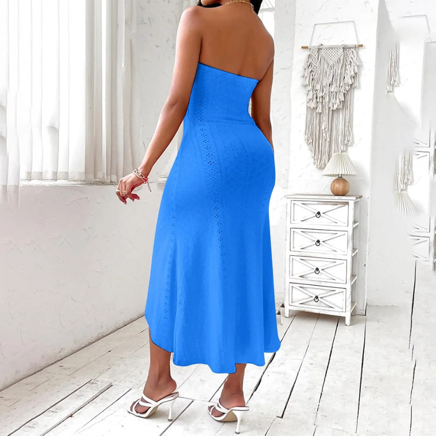 JOAU Womens Summer Tube Top Midi Dress 2024 Strapless Hollow Out Bodycon Eyelet Dresses Ruched Front Slit Vacation Outfits