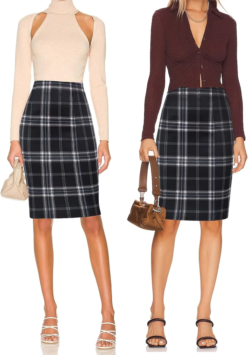 Kate Kasin Womens Knee Length Elastic Waist Stretchy Bodycon Plaid Business Pencil Skirt