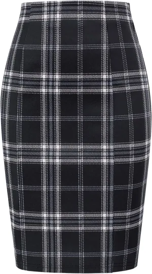 Kate Kasin Womens Knee Length Elastic Waist Stretchy Bodycon Plaid Business Pencil Skirt
