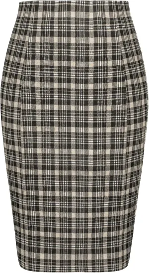 Kate Kasin Womens Knee Length Elastic Waist Stretchy Bodycon Plaid Business Pencil Skirt