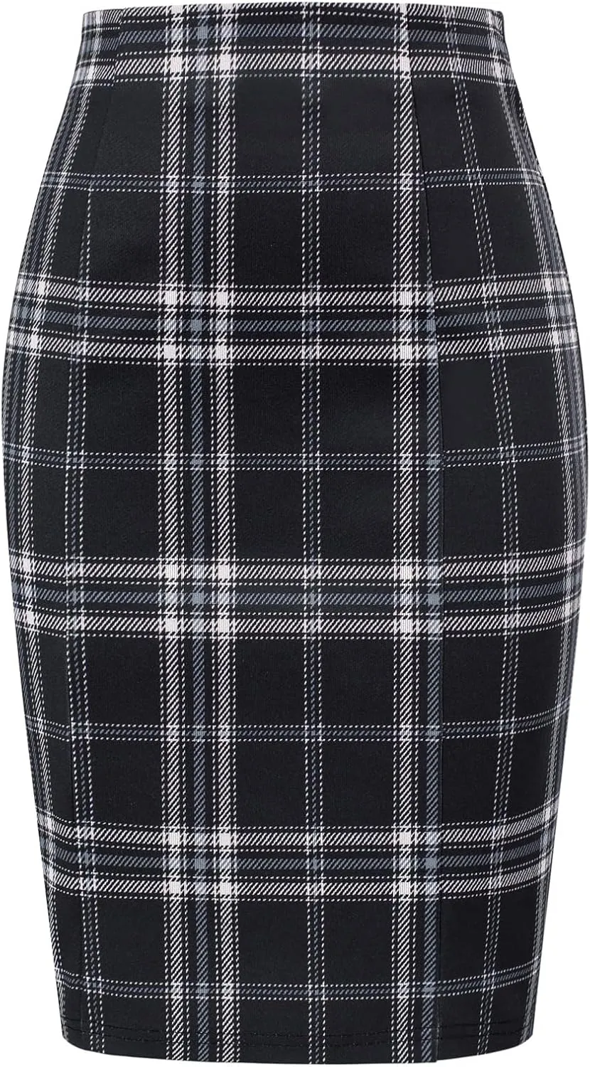 Kate Kasin Womens Knee Length Elastic Waist Stretchy Bodycon Plaid Business Pencil Skirt